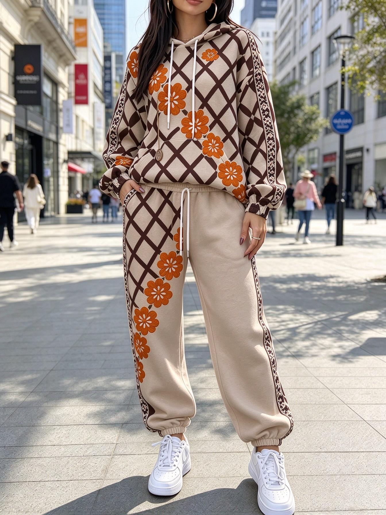 여성용 격자무늬 플로럴 프린트 후드 트레이닝복 세트,  - Joggers Pants 리뷰 및 가격